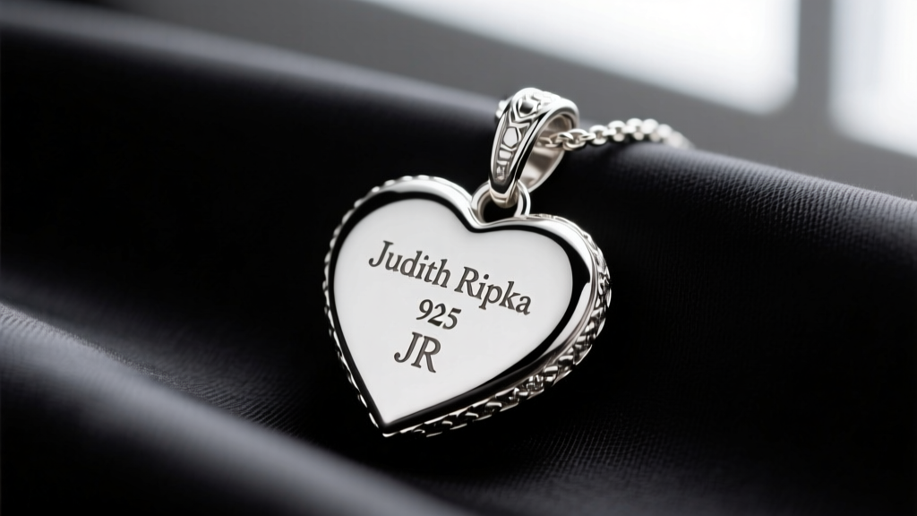Macro view of a Judith Ripka silver heart pendant back showing 925 and JR hallmarks near a lobster clasp against dark silk fabric.
