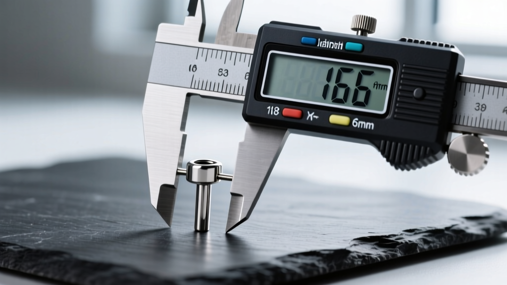 Digital caliper measuring the 6mm post length of an 18-gauge implant-grade titanium labret stud resting on a dark slate surface.