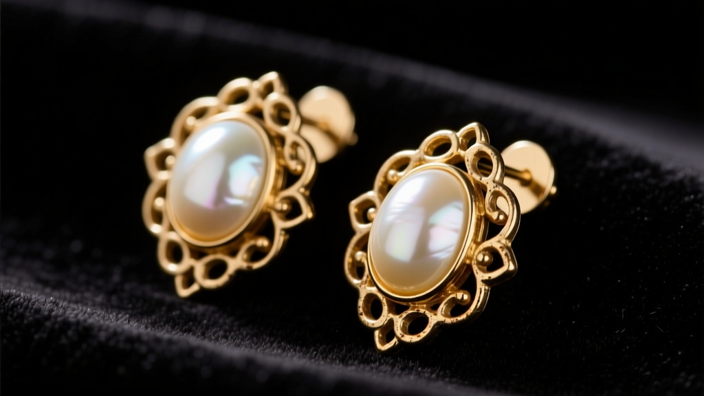 Macro shot of vintage gold-tone Sarah Coventry clip-on earrings with pearl cabochons on a dark velvet jeweler's bench block.