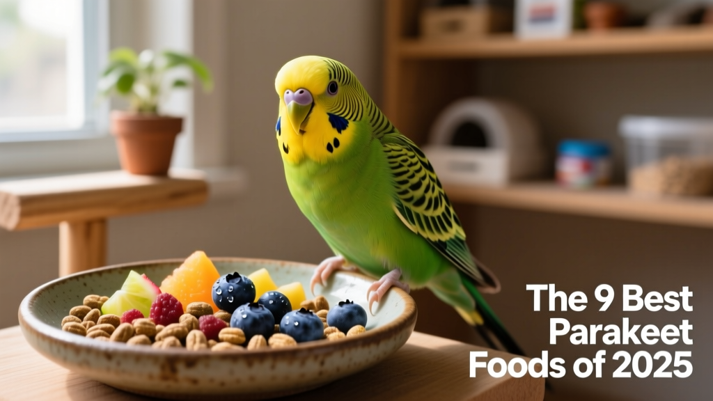 A cheerful budgie perched beside a shallow dish filled with FurPetVo FruitBlend pellets and fresh blueberries, captured in natural daylight