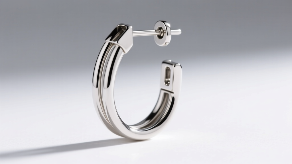 Side profile of a hinged U-shaped wire on a sterling silver leverback earring, partially opened against a soft white background.