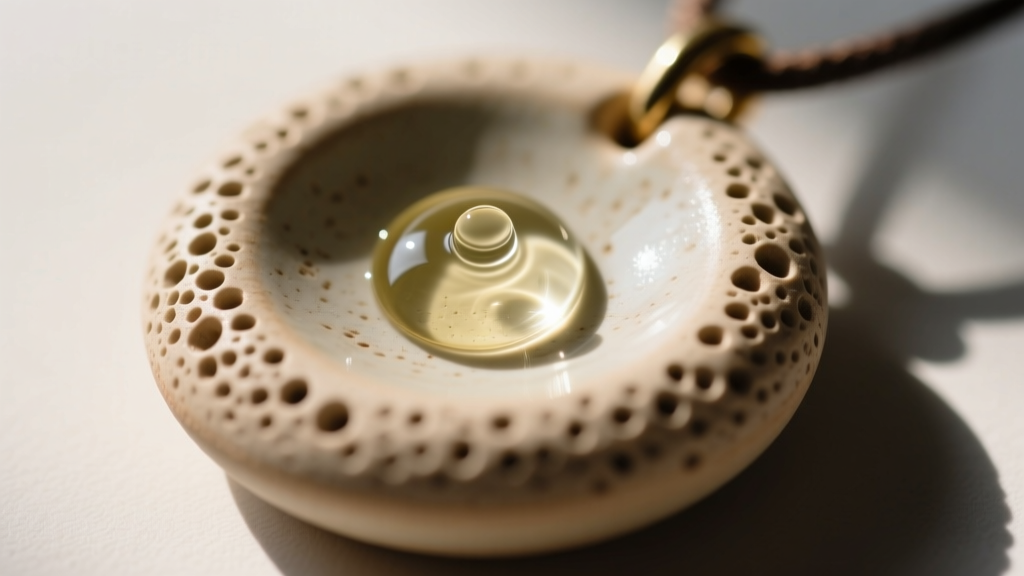 Macro shot of a porous bisque ceramic pendant revealing microscopic texture, absorbing a single drop of clear essential oil.