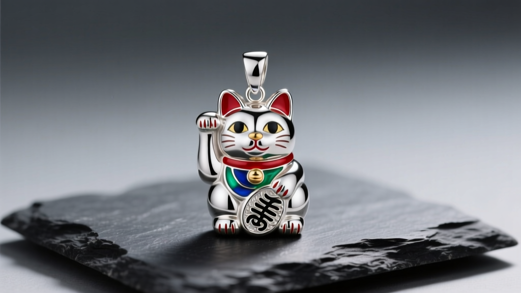Macro shot of sterling silver Maneki Neko pendant with enamel accents on dark slate under soft directional studio lighting setup.