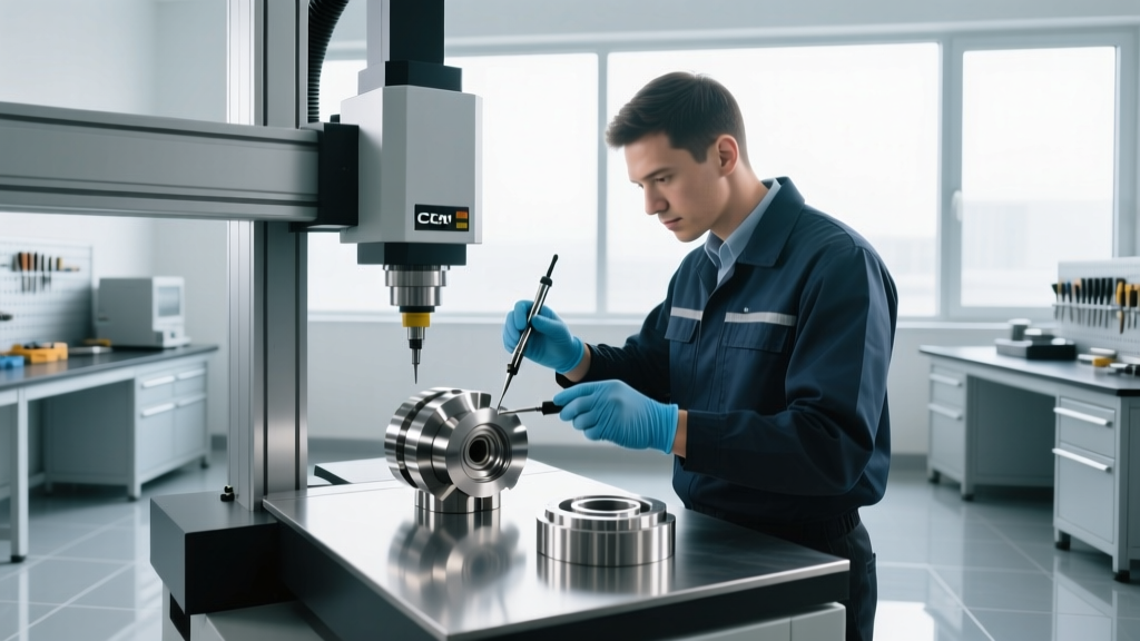 Quality control engineer using a coordinate measuring machine to inspect tight tolerance CNC machined aerospace parts