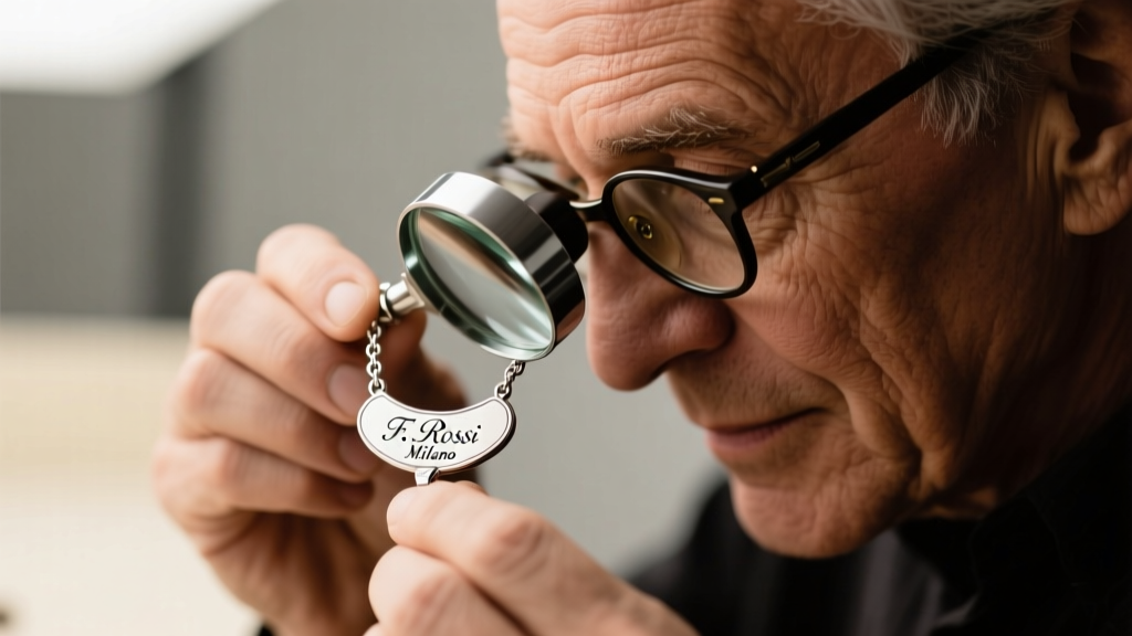 A jeweler examining a silver necklace clasp with a 30x loupe, revealing the microscopic font details of an Italian maker's mark.