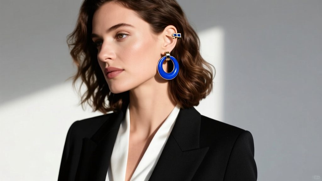 Woman wearing medium enamel Kate Spade hoop earrings, highlighting the hinged snapback closure on her earlobe