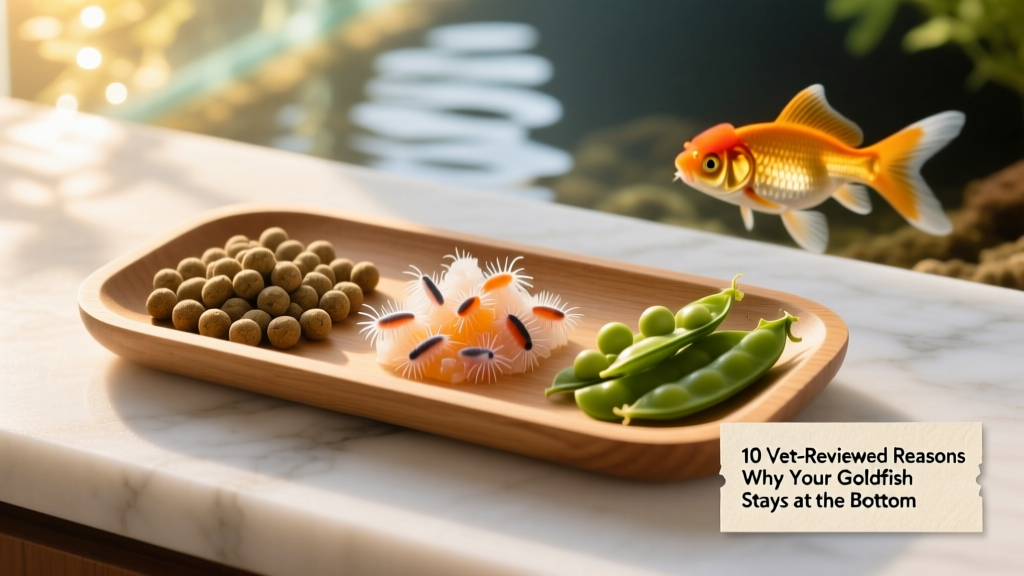 A variety of goldfish-appropriate foods including high-quality pellets, frozen daphnia, and blanched peas on a clean surface