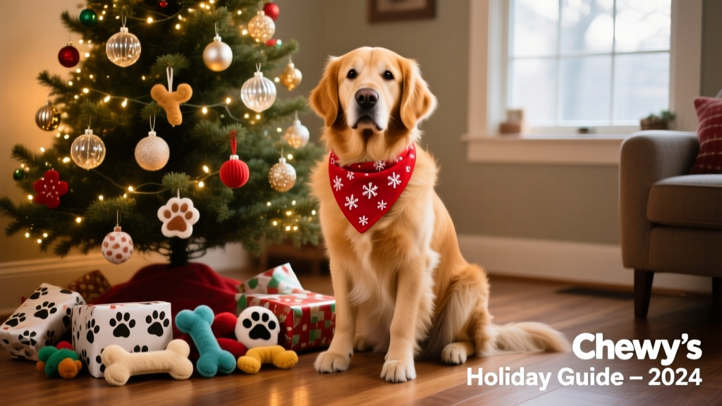 A golden retriever wearing a festive red bandana, sitting beside a decorated Christmas tree with wrapped pet toys underneath
