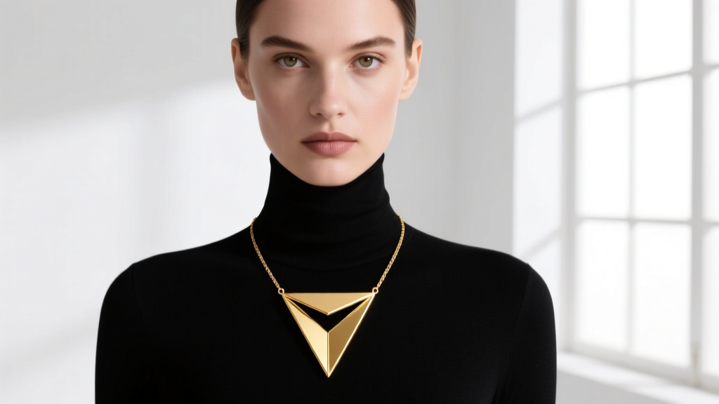 Model wearing a gold triangle necklace over a dark turtleneck, showing perfect pendant spacing and geometric styling in soft light