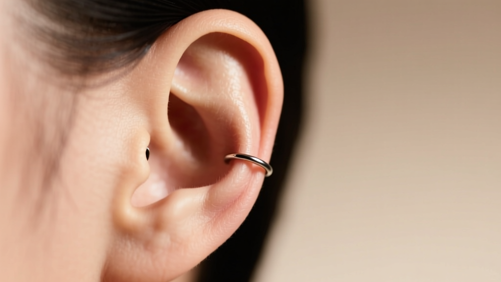 Close-up of an earlobe with a mildly stretched piercing hole, bathed in soft studio light against a clean, neutral beige backdrop.