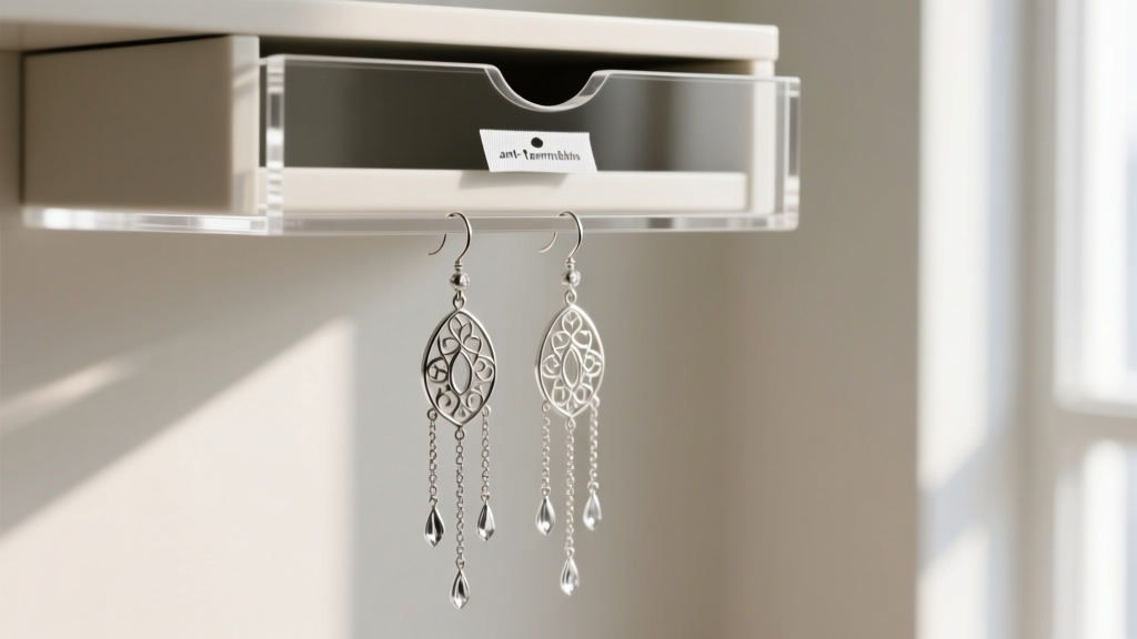 Acrylic hanging organizer displaying long silver chandelier earrings, next to a small anti-tarnish strip placed in the top drawer