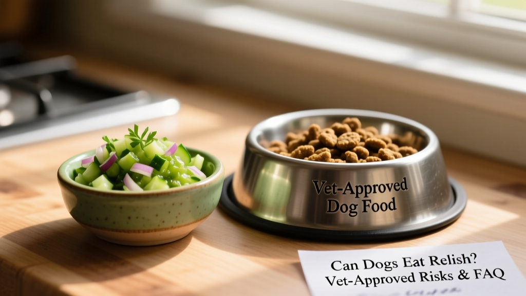 Close-up of a small bowl of green relish next to a dog's food bowl, highlighting contrast between human condiment and dog-safe food
