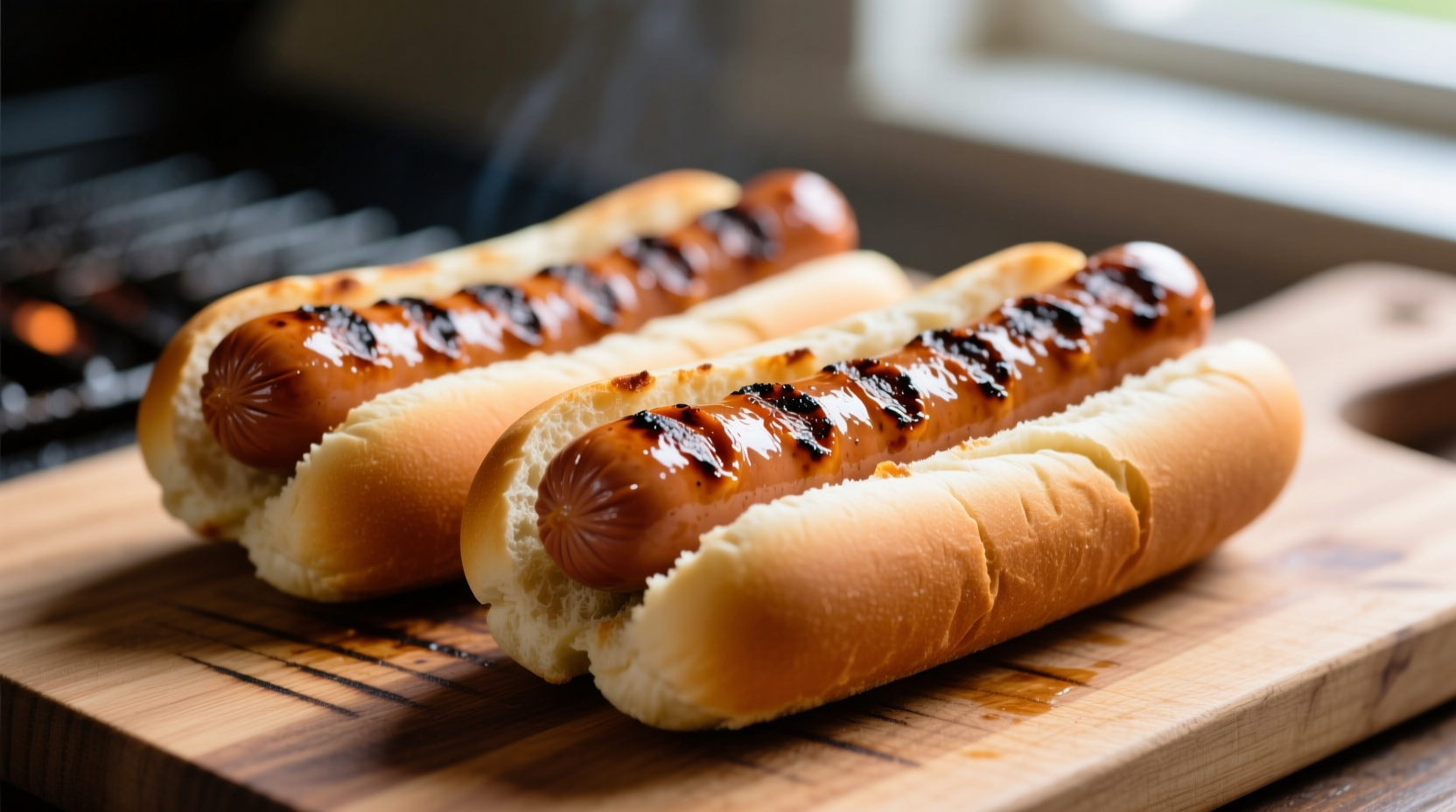 Perfectly grilled hot dogs with slight char marks
