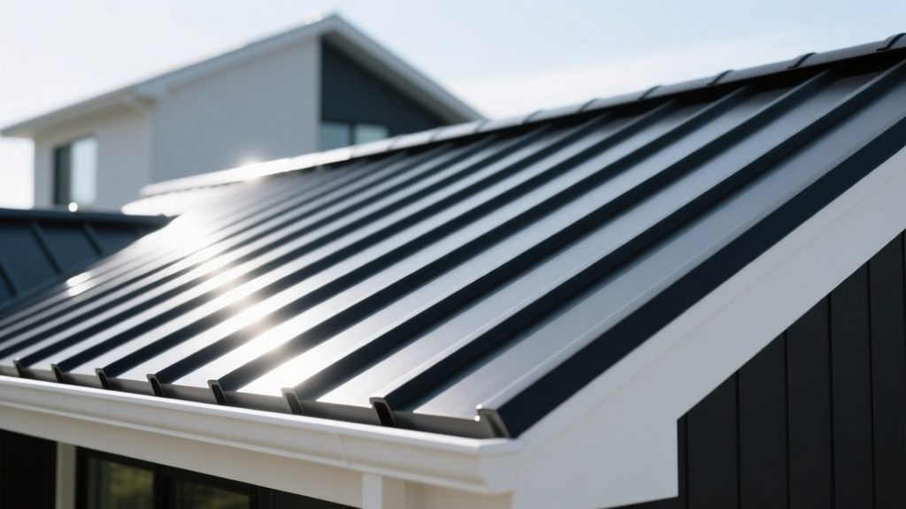 Close-up of dark charcoal standing seam metal roof panels reflecting sunlight, installed on a modern residential home with crisp white fascia