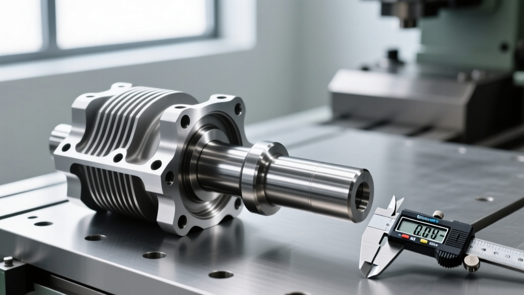 Close-up of a machined 6061 aluminum 1cc engine crankcase and 4140 steel crankshaft resting on a CNC mill bed with digital calipers