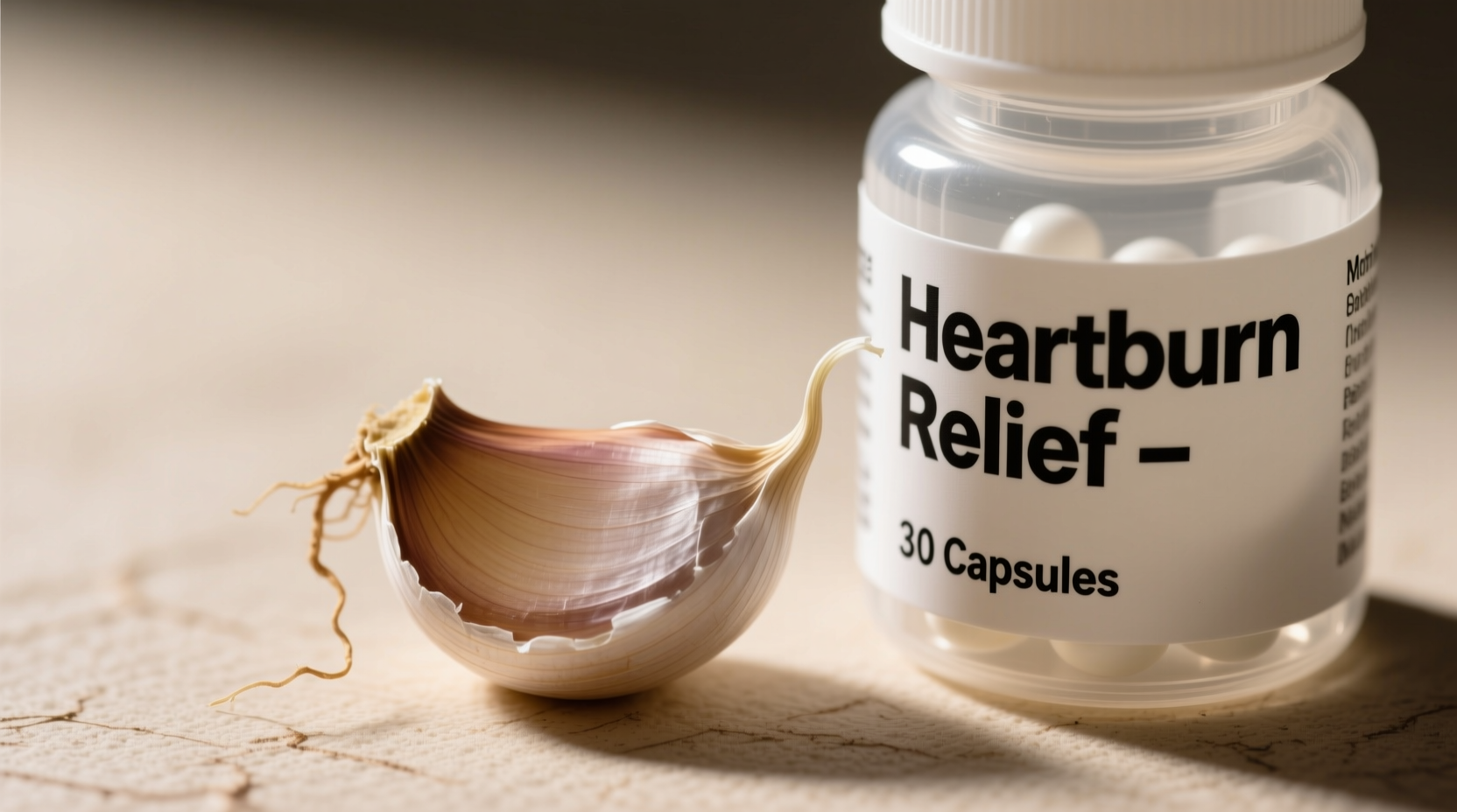 Garlic cloves next to heartburn relief medication