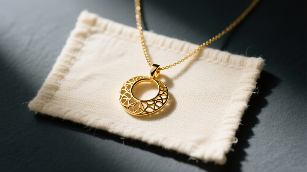 Top-down view of a gold pendant resting on a thick, textured cream cotton-rag necklace card against a dark slate background.