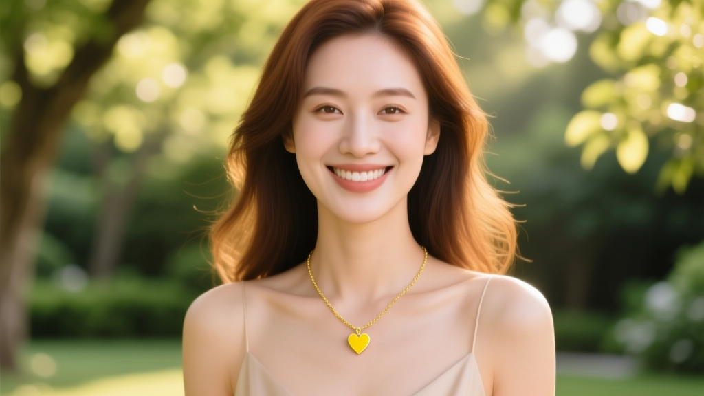 Woman wearing a 1.2mm gold chain and yellow heart pendant, smiling in warm sunlight against a softly blurred outdoor background.