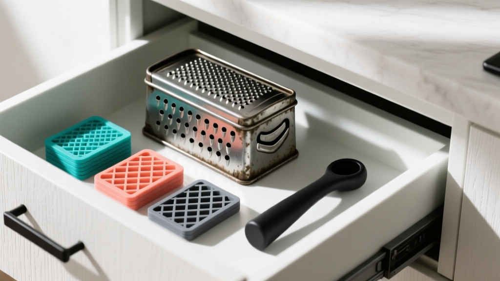 Kitchen drawer showing a bulky metal box grater next to a compact stack of flat 3D printed grater inserts and one modular handle