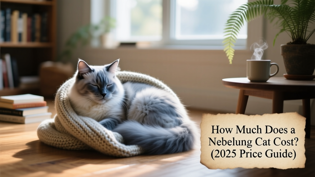 A Nebelung cat curled peacefully on a cozy blanket, illustrating its calm, gentle nature