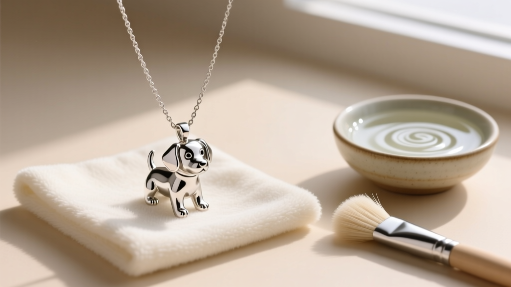 Sterling silver puppy dog pendant necklace resting on a microfiber cloth beside a small bowl of mild soapy water and a soft brush.