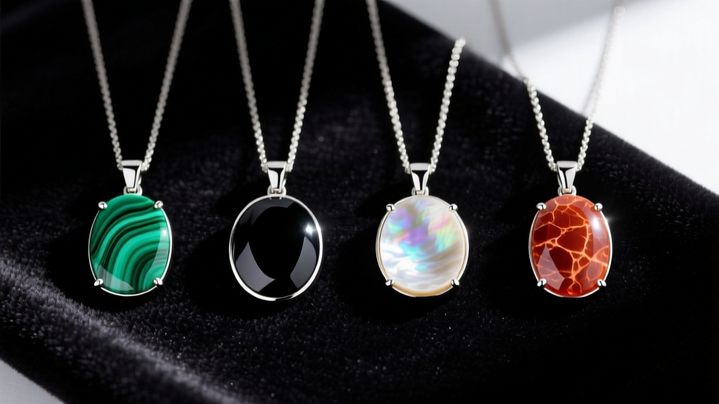 Flat lay of four VCA necklace pendants featuring malachite, onyx, mother of pearl, and carnelian stones resting on dark velvet
