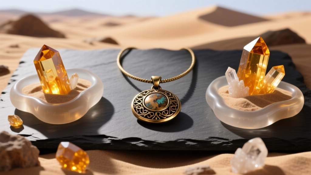 Flat-lay of the Necklace of the Desert Cataclysm with oxidized brass, raw citrine, and sand-cast resin on dark slate.