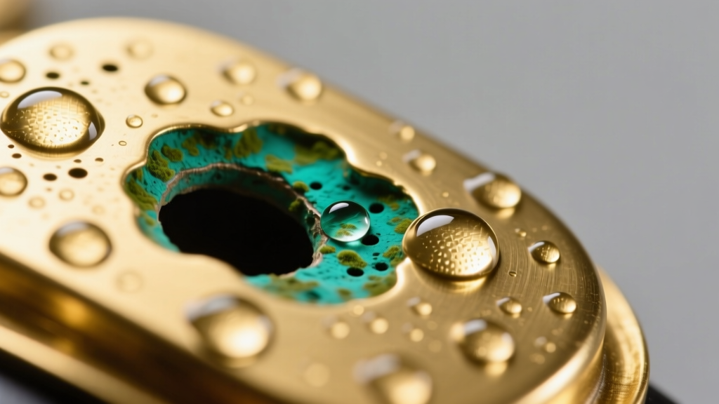 Diagram of gold plated brass showing microscopic pores where moisture hits base metal, causing green oxidation stains on skin