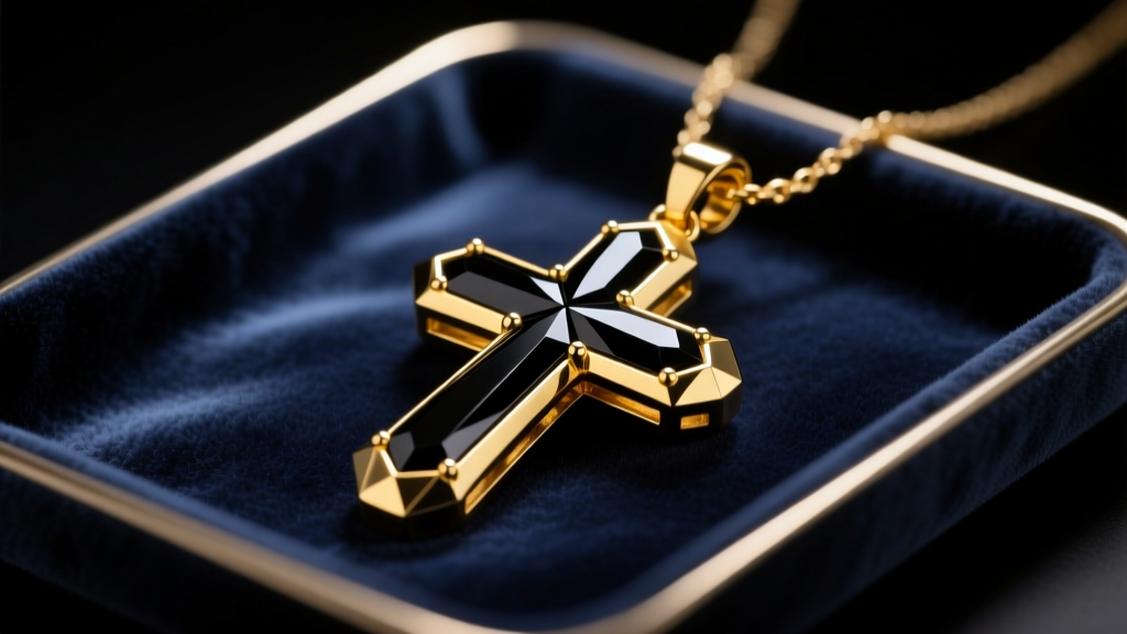 14k yellow gold cross pendant inlaid with black onyx on a dark velvet tray, illuminated by dramatic and moody studio lighting