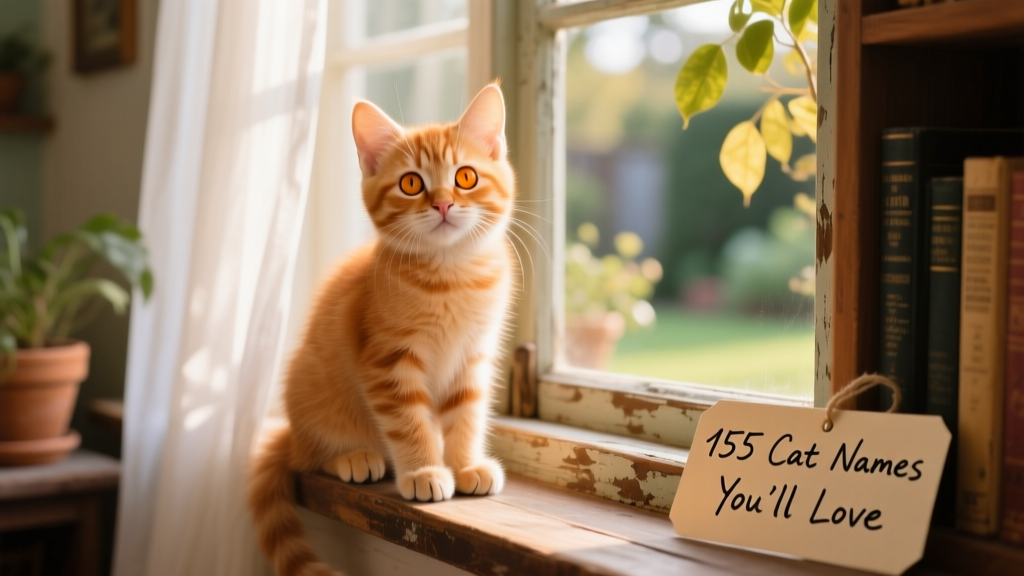 A playful ginger kitten sitting on a sunlit windowsill, looking curiously at the camera