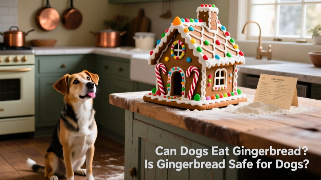A festive gingerbread house on a kitchen counter with a curious dog sitting nearby, looking up expectantly