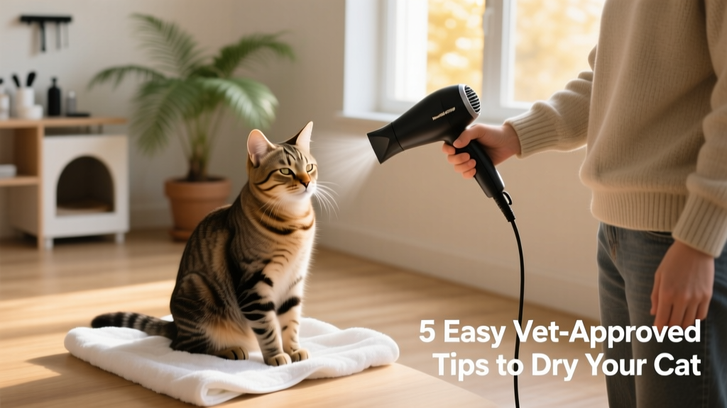 A person using a low-noise hair dryer on a cat from a safe distance, with the cat calmly seated on a towel