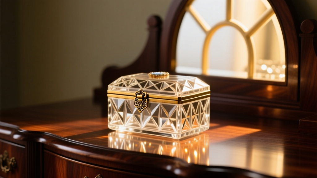 A 1920s cut crystal glass jewelry box vintage piece with brass hinges resting on a dark mahogany vanity table in soft morning sun