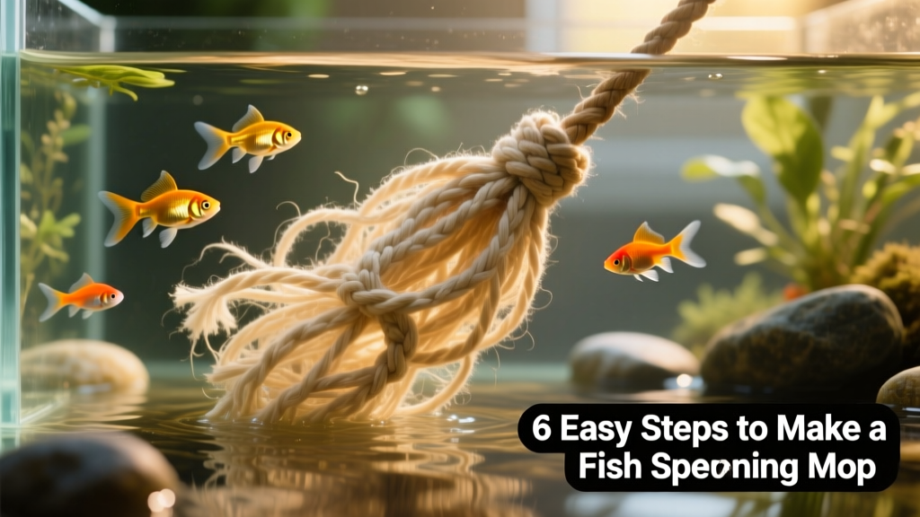 Close-up of a handmade spawning mop submerged in an aquarium, with small fish swimming near its fibrous strands