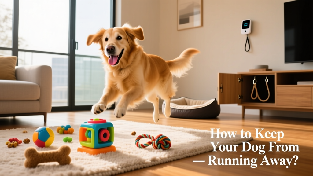 A happy dog playing with interactive toys in a cozy indoor space