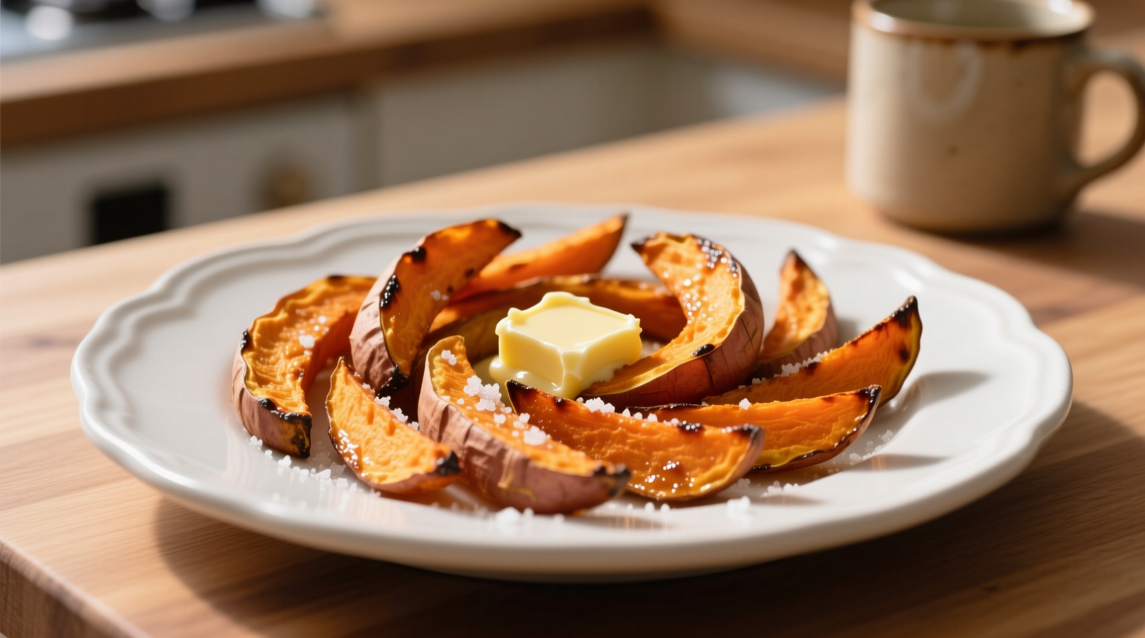 Homemade baked sweet potato fries on a white plate