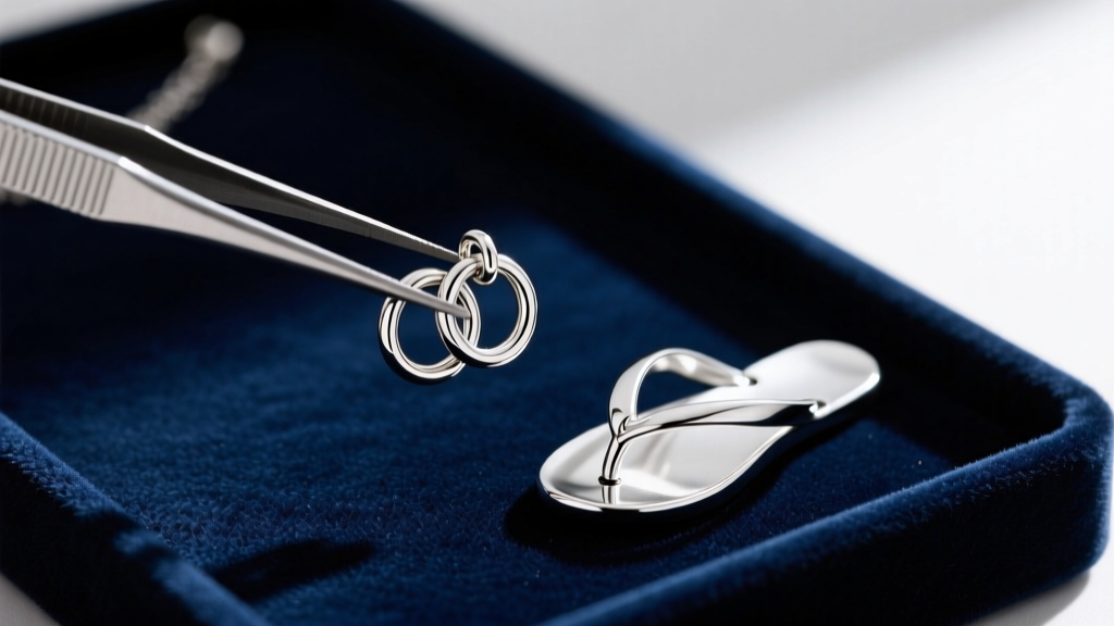 Tweezers holding interlocking 4mm jump rings beside a silver flip flop charm resting on a dark velvet jewelry workbench surface.