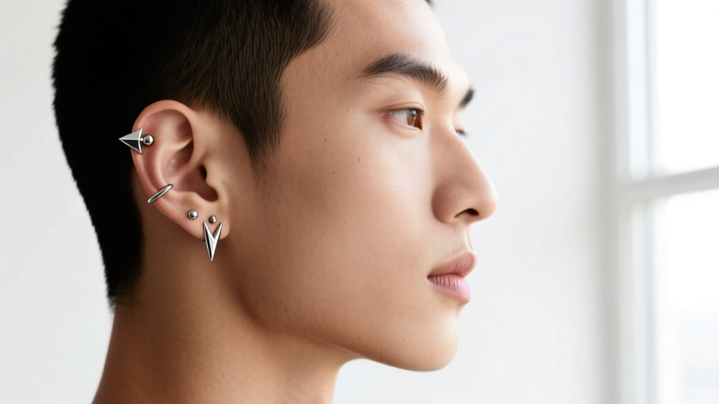Profile view of a model showcasing periauricular dermal piercings and conch embedded studs, highlighting geometric alignment.