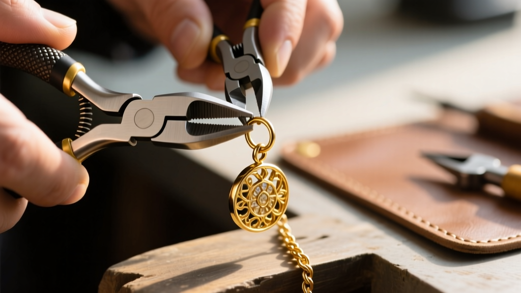 Close-up of a jeweler using flush cutters to secure a 5mm soldered jump ring onto a 2.5mm gold rope chain to attach a heavy charm