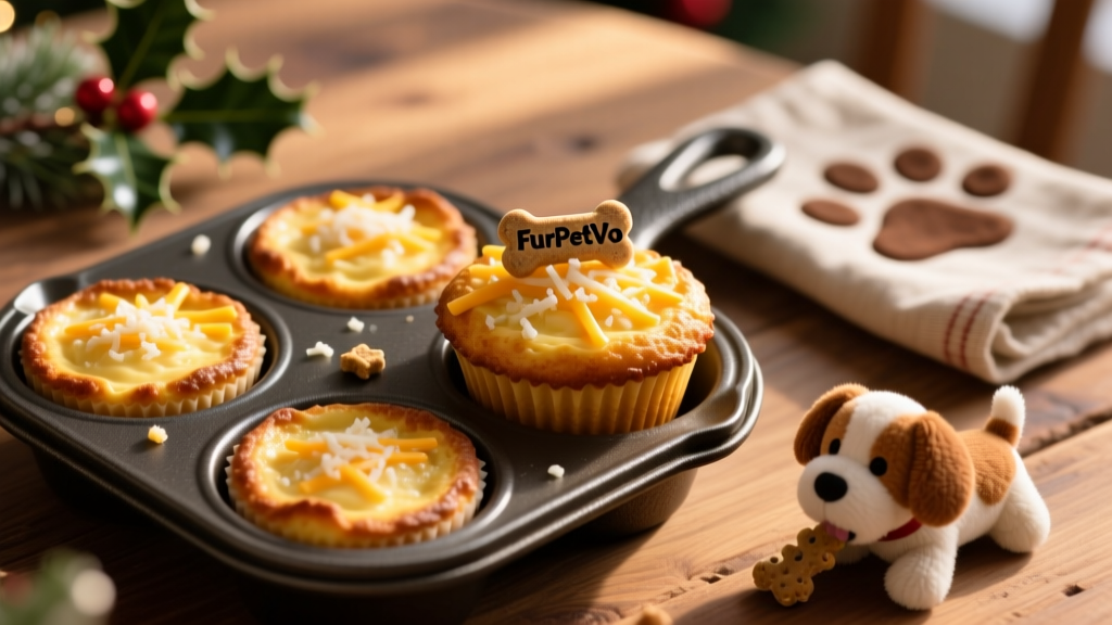 Close-up of golden-brown frittata muffins in a mini muffin tin, garnished with a sprinkle of cheddar and a tiny FurPetVo treat crumb