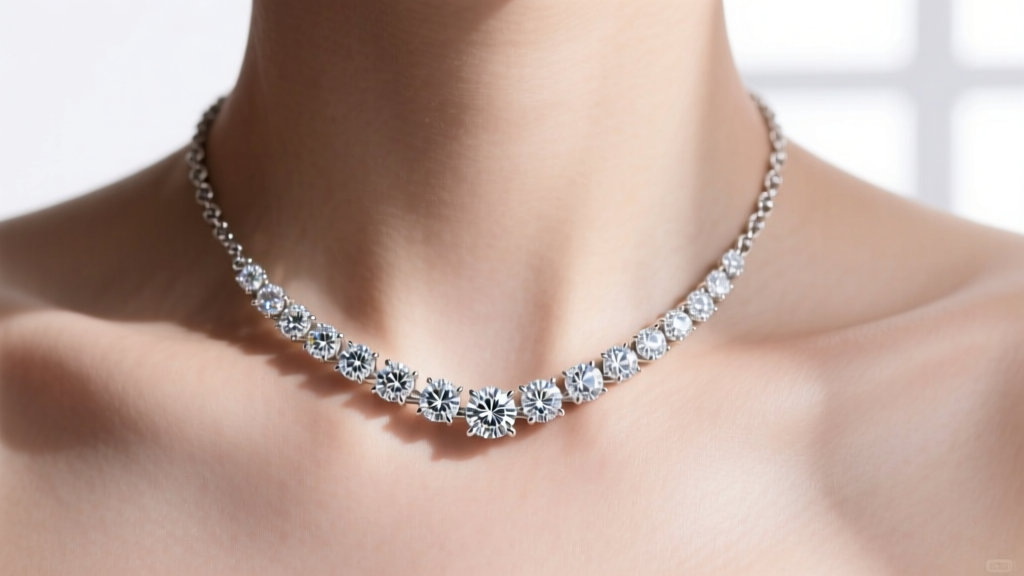 Macro shot of a 15-carat lab-grown diamond tennis necklace in platinum showing brilliant light return against bare collarbone