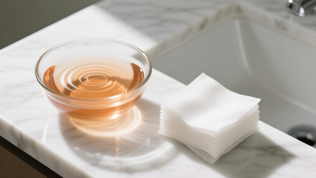 Top-down view of a glass bowl with warm saline solution next to non-woven gauze pads on a clean white marble bathroom counter