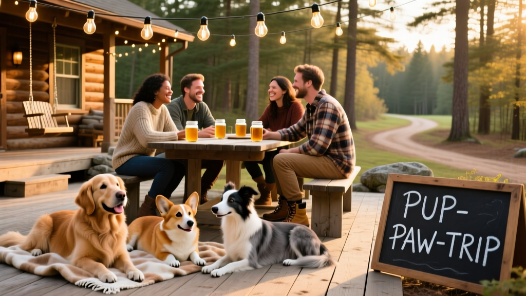 Outdoor patio of a rustic brewery with dogs lounging, string lights overhead, and people enjoying craft beer