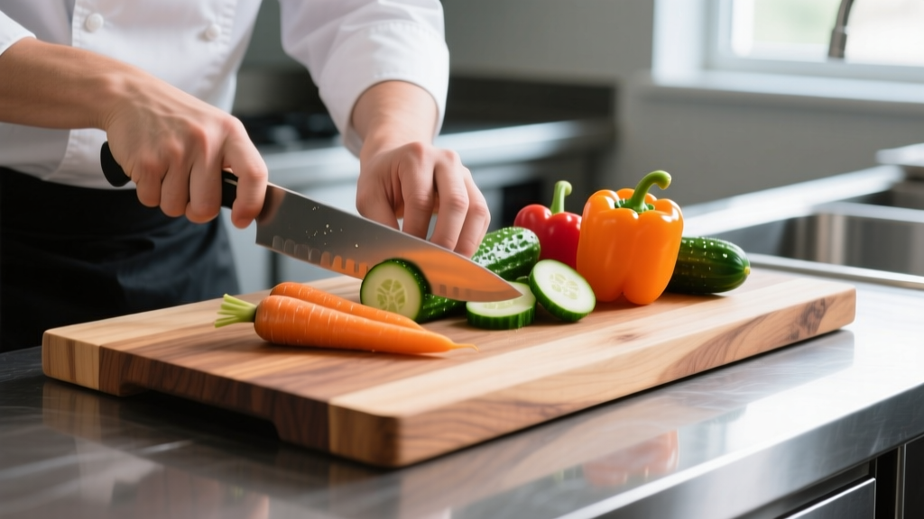 Close-up of a chef slicing vegetables on a thick end-grain hard maple cutting board integrated into a stainless steel commercial kitchen prep counter