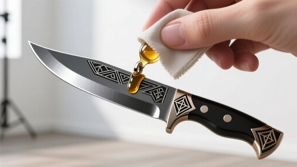 Soft cloth applying mineral oil to a carbon steel anime knife pendant, preventing rust on the functional micro-blade cutting edge.