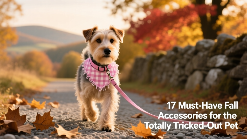 A medium-sized terrier walking on a gravel path, wearing a matching pink plaid collar and leash, with fallen oak leaves scattered around