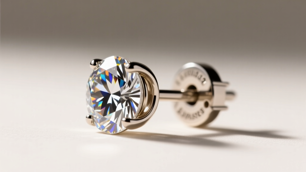 Side profile of a heavy diamond stud secured with a round La Pousette spring-loaded back, showing the locking mechanism in focus.