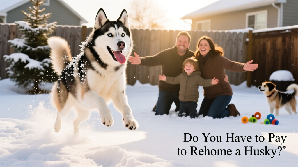 A Husky playing joyfully in a snowy backyard with a new family, showing comfort and happiness in its new environment
