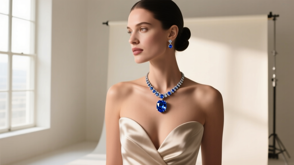A woman wearing a deep sweetheart neckline evening gown with a 16-inch blue diamond pendant resting on her collarbone.