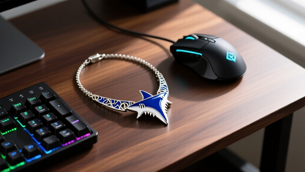 Flat lay of a silver and blue enamel Terraria shark tooth necklace on a dark wooden desk next to a gaming mouse and keyboard.